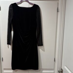 Anne Klein Black Velvet Dress with Sheer Long Sleeves S